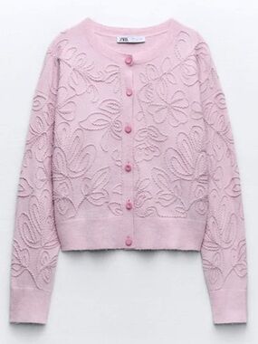 NEW Zara Floral Embroidered Knit Pink Cardigan Size S